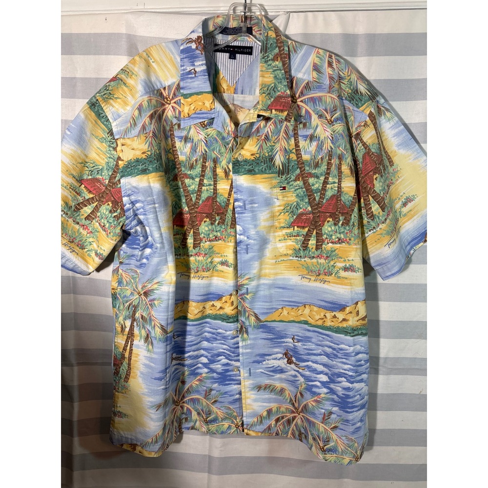 Tommy Hilfiger Mens Tropical Island Palm Tree Surfer Print Cotton Shirt Large